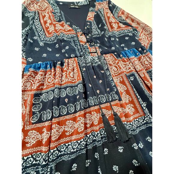 Fab'rik Dress Navy and Rust Baby Doll Lace Up Front Size Large - Picture 7 of 9